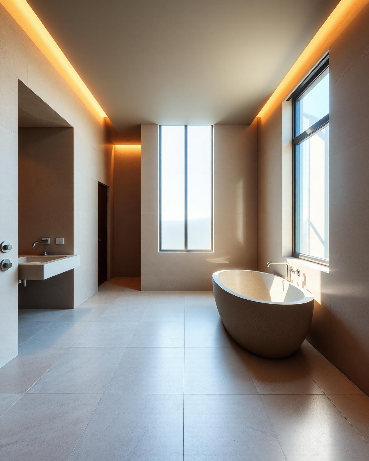 Salle de bain contemporaine avec sol en travertin grand format