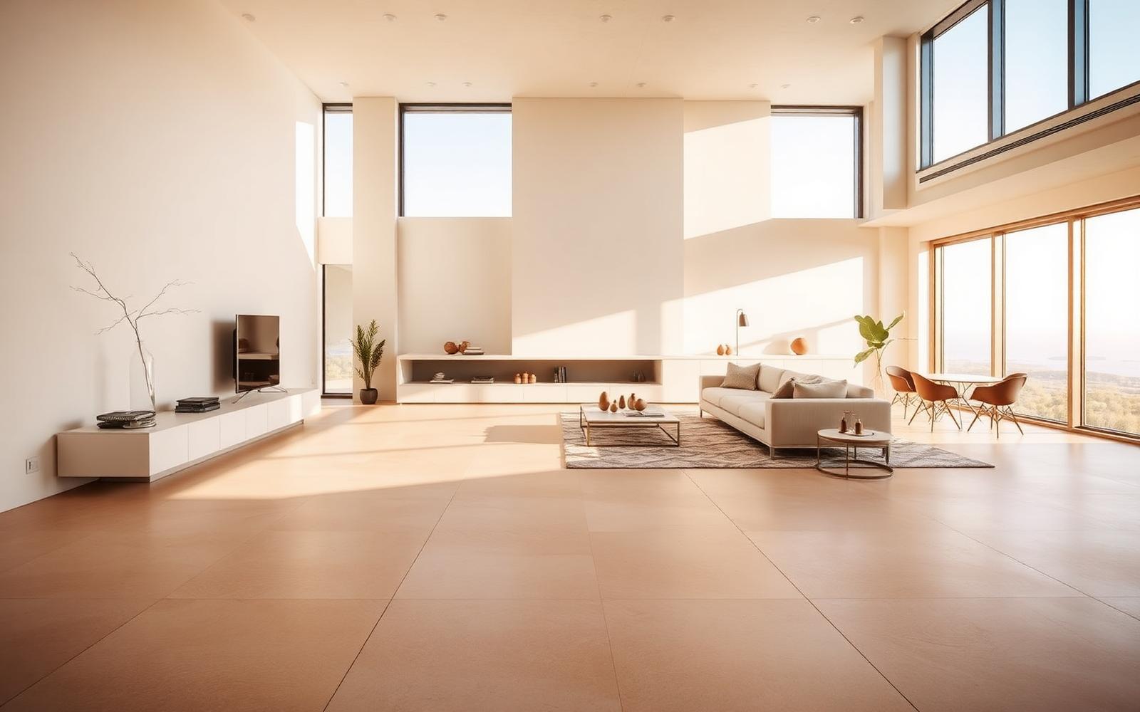 Sol grand format dans un salon lumineux
